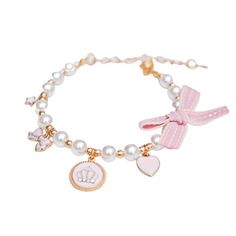 a bracelet with charms on it and a pink ribbon around the clasp, featuring a baby's foot