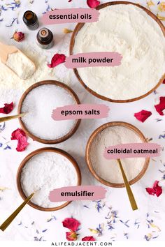 Milk Bath Recipe (6 Nourishing DIY Milk Baths for Soft Skin) How To Make Milk Bath, Cleopatra Milk Bath Recipe, Mineral Bath Soak Diy, Bath Milk Recipe, Bodycare Business, Bath Salts Packaging