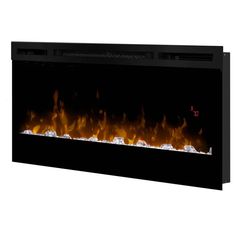 an electric fireplace with red flames on the side