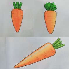 two pictures of carrots and one with green leaves on them, both drawn in colored pencil