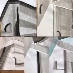 four different images of the same building and one is made out of construction paper with scissors