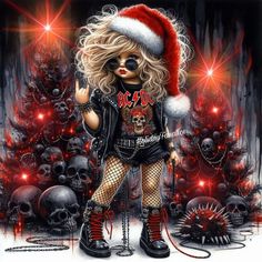 a painting of a girl wearing a santa hat and boots with skulls in the background