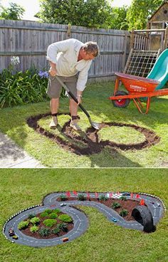 a man digging dirt into the ground in his yard with a wheelbarrow behind him