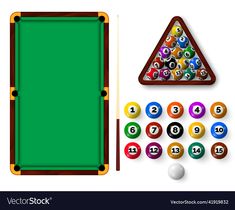 billiards pool table with balls and cues on white background eps1082