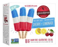 the good pop cherry lemonade popsicle is on display in front of a box