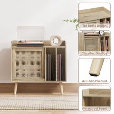 the sideboard is made from wood and has various compartments for books, cds, magazines