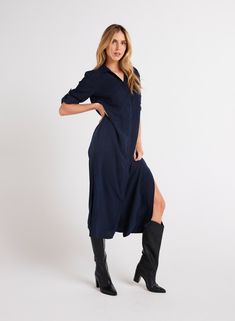 Elevate your wardrobe with our Duster Dress featuring a western yoke design and side slits for a modern twist on a classic silhouette. This dress comes with long sleeves that can be rolled up for versatility, making it perfect for any occasion. Pair it with your favorite boots for a chic look, or dress it down with sandals for a more casual vibe. 100% TENCEL™Lyocell Active Wear Dresses, Yoke Design, Duster Dress, Maxi Romper, Leather Outerwear, Bella Dahl, Favorite Boots, Cardigan Sweater Dress, Dress The Population