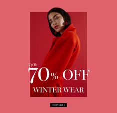 a woman in a red coat with the words 70 % off winter wear