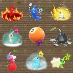 several different types of cartoon characters on a wooden surface with fire and water around them