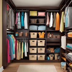 an organized closet with clothes and baskets