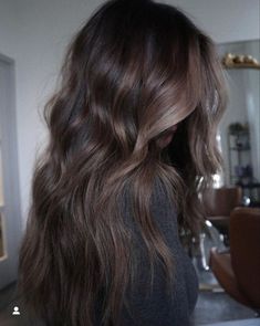 Dark Low Lights On Brown Hair, Long Dimensional Brunette, Dimension Brown Hair, Dark Dimensional Brunette, Dark Hair Inspo Brunettes, Dark Brown Hair With Blonde Underneath, Dark Hair With Subtle Highlights, Ashy Dark Brown Hair, Dark Dimensional Hair