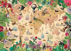 the world map is surrounded by tropical plants and flowers, with birds flying over it