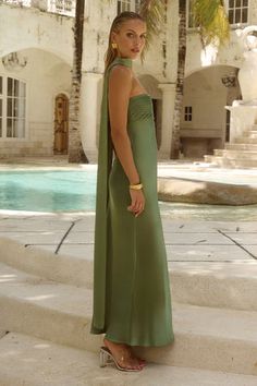 ELSA MAXI DRESS - OLIVE Autumn Formal Dress, Wedding Guest Pregnant Dress, Cool Bridesmaid Dresses, Olive Formal Dress, Dress With Scarf Formal, Neck Scarf Dress, Olive Green Bridesmaid Dress, Olive Green Formal Dress, Light Green Prom Dress