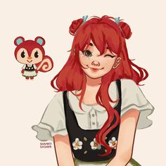 a cartoon girl with red hair and an owl on her head is looking at the camera