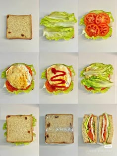 six pictures of sandwiches with different toppings on them, each containing lettuce and tomato