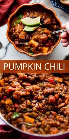 pumpkin chili in a bowl with the title above it and an image of someone holding a spoon