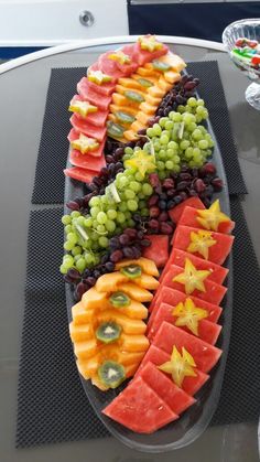 a platter filled with lots of different types of fruit on top of a table