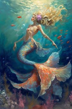 a painting of a mermaid with her hair blowing in the wind and fish swimming around