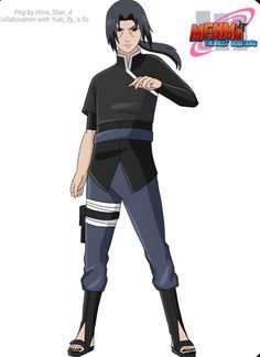 an anime character with black hair and blue pants, standing in front of a white background