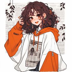 a drawing of a girl in an orange and white hoodie