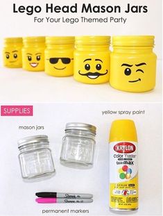 the instructions to make lego head mason jars for your lego themed party, including marker pens and markers