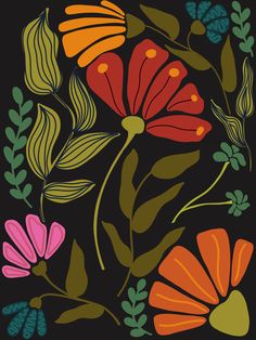 an image of flowers and leaves on a black background in the style of folk art