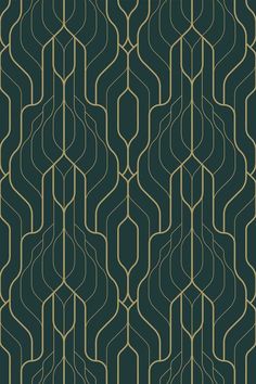 an art deco style wallpaper with wavy lines in green and gold on a black background