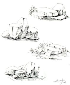 three drawings of rocks in the water