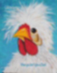 a painting of a rooster with blue sky in the back ground and white feathers on it's head