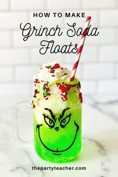 a green drink with whipped cream and sprinkles on top, in front of a