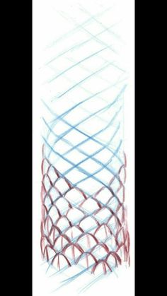 a pencil drawing of a vase with red and blue lines on it