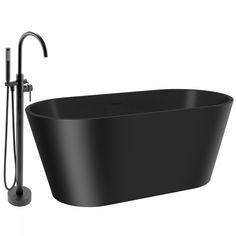 the bathtub is black in color and has a metal faucet