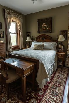 a bedroom with a bed, desk and two lamps on either side of the window