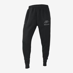 Made from a cozy fleece fabric, these joggers are perfect for chilly mornings and cool evenings repping the game you love. Joggers Black, Nike Soccer, Mens Soccer, Nike Swoosh, Mens Activewear, Fleece Fabric, Jogger Pants, The Game, Black Pants