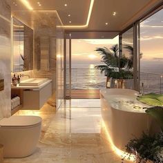 a large bathroom with an ocean view is shown