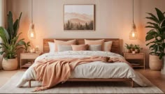 a large bed sitting in a bedroom next to two potted plants