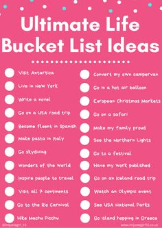 the ultimate bucket list for travel in pink and white with polka dot dots on it