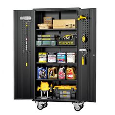 a black storage cabinet with tools and other items on it's wheels, open to show the contents inside