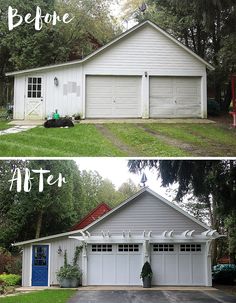 before and after photos of a garage with white siding, blue door and green grass