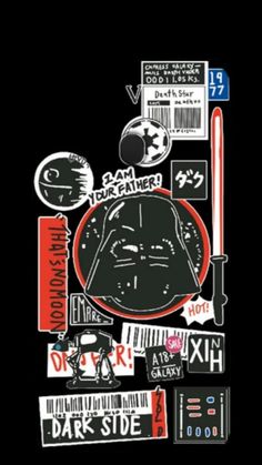 the star wars sticker sheet is shown in black with red and white lettering on it