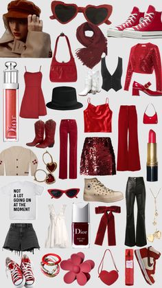 a collage of red and black items including shoes, hats, scarves, bags