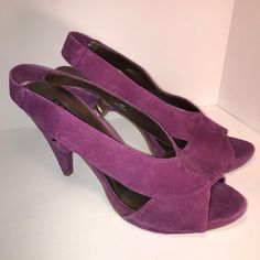 Fantastically Colored Orchid Heels. These Are Real Eye Catchers With A 4-1/4” Heel And 1/2” Platform. Pristine Condition-Never Worn Summer Purple Slingback Heels, Purple Slingback Heels For Summer, Purple Open Toe Sandals With 4-inch Heel, Pink Suede Open Toe Heels, Purple Open Heel Heels With Removable Insole, Spring Purple Heels With Stacked Heel, Purple Stacked Heel Heels For Spring, Fitted Suede Sandals For Spring, Fitted Purple Sandals With Round Toe