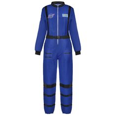 a blue jumpsuit with black piping and zippers