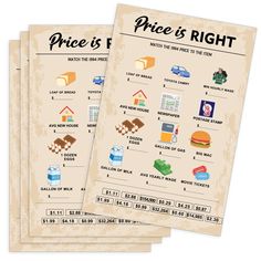 three pieces of paper with price is right written on them and pictures of different items