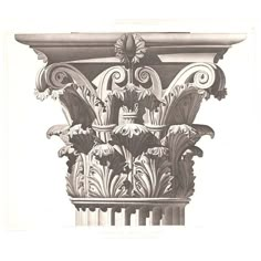 an architectural drawing of a column with flowers and leaves on the top, in black and white