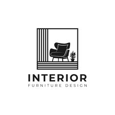 the interior furniture design logo is black and white with an image of a chair in it