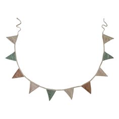 a necklace with multicolored triangles hanging from it's sides on a white background