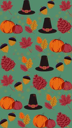 a green background with autumn leaves and hats