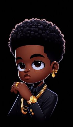 Description: A close-up cartoon-style image of an African boy with an afro hairstyle. He has an ear pin and is wearing luxurious gold jewelry, including a gold watch and a chain. He is dressed in a sharp suit with a solid black background. Best Pfp For Boys, Swag Cartoon Character, Black Man Cartoon, Cool Pfp For Boys, Sharp Wallpaper, Rap Cartoon, Cool Pfps For Boys, Pro Black Art, Cool Cartoon Drawings