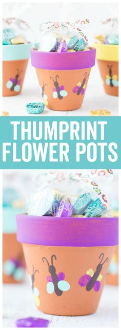 there is a bowl with flowers in it and the words thumprint flower pots